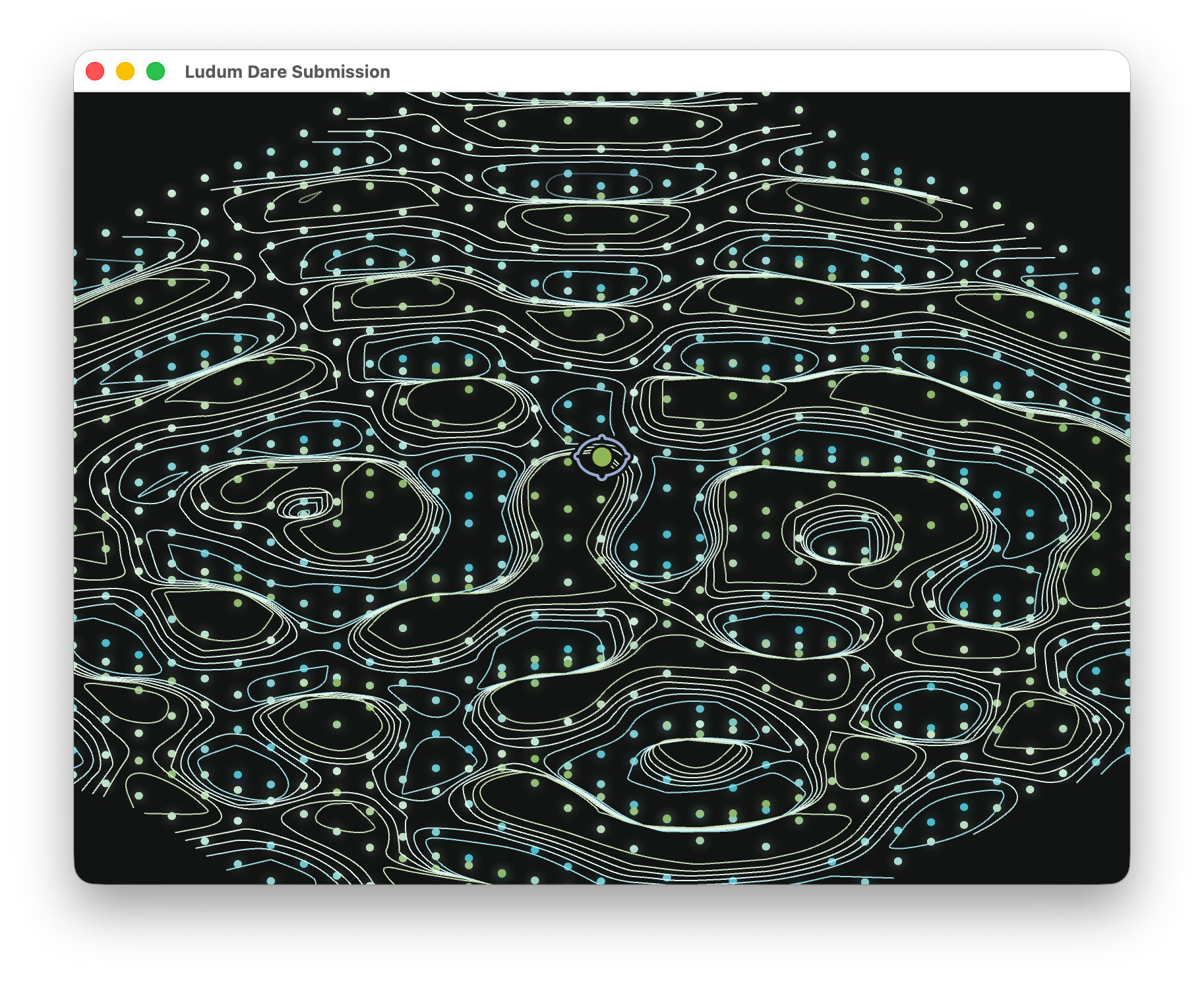 An isometric grid of dots overlaid with a chaotic topographic map of hills and valleys