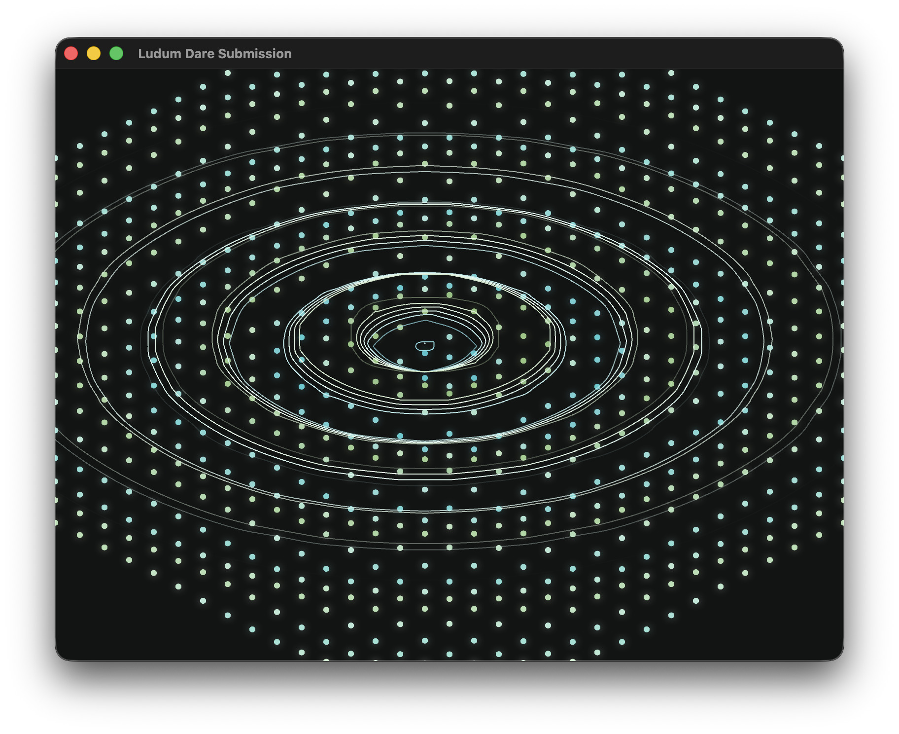 An isometric grid of dots overlaid with white contour lines in a radial sine pattern.