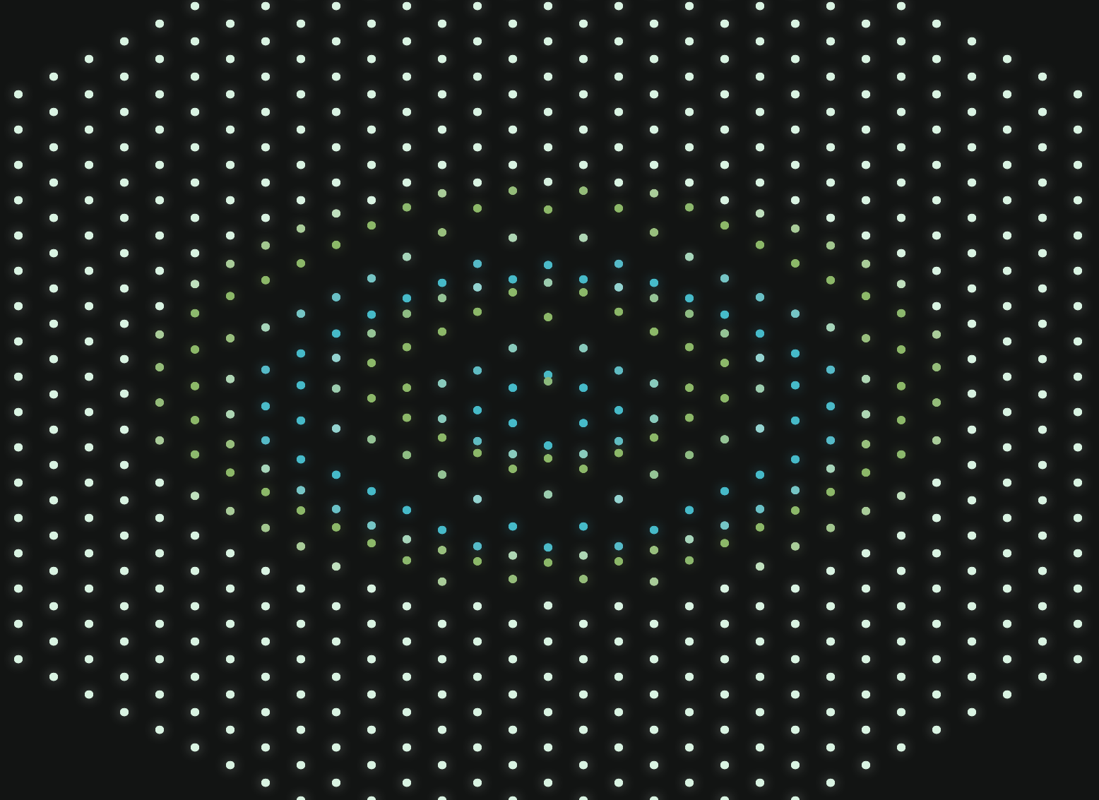 A grid of dots on a featureless game map, with some dots colored blue and green in alternating concentric circles.