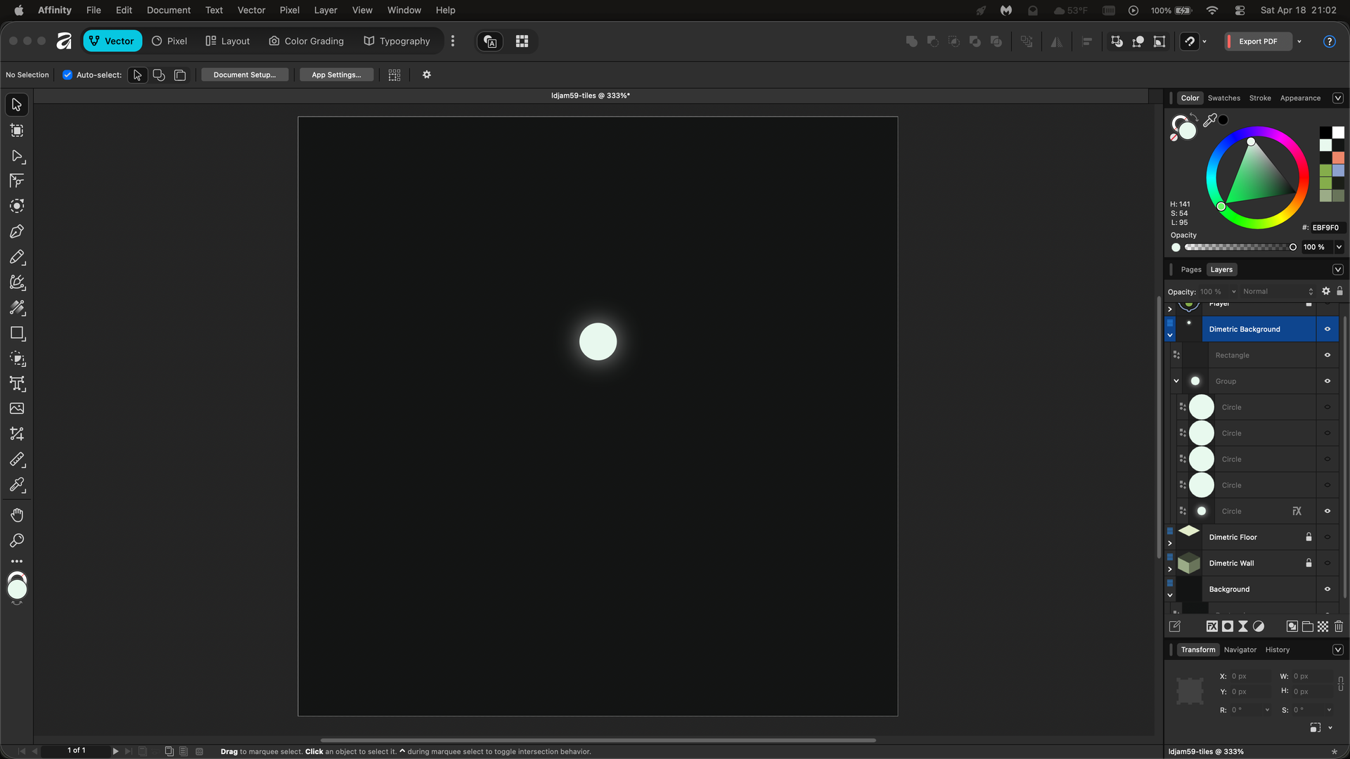 An Affinity canvas showing a small bright dot with a gradient dropshadow on a dark background.
