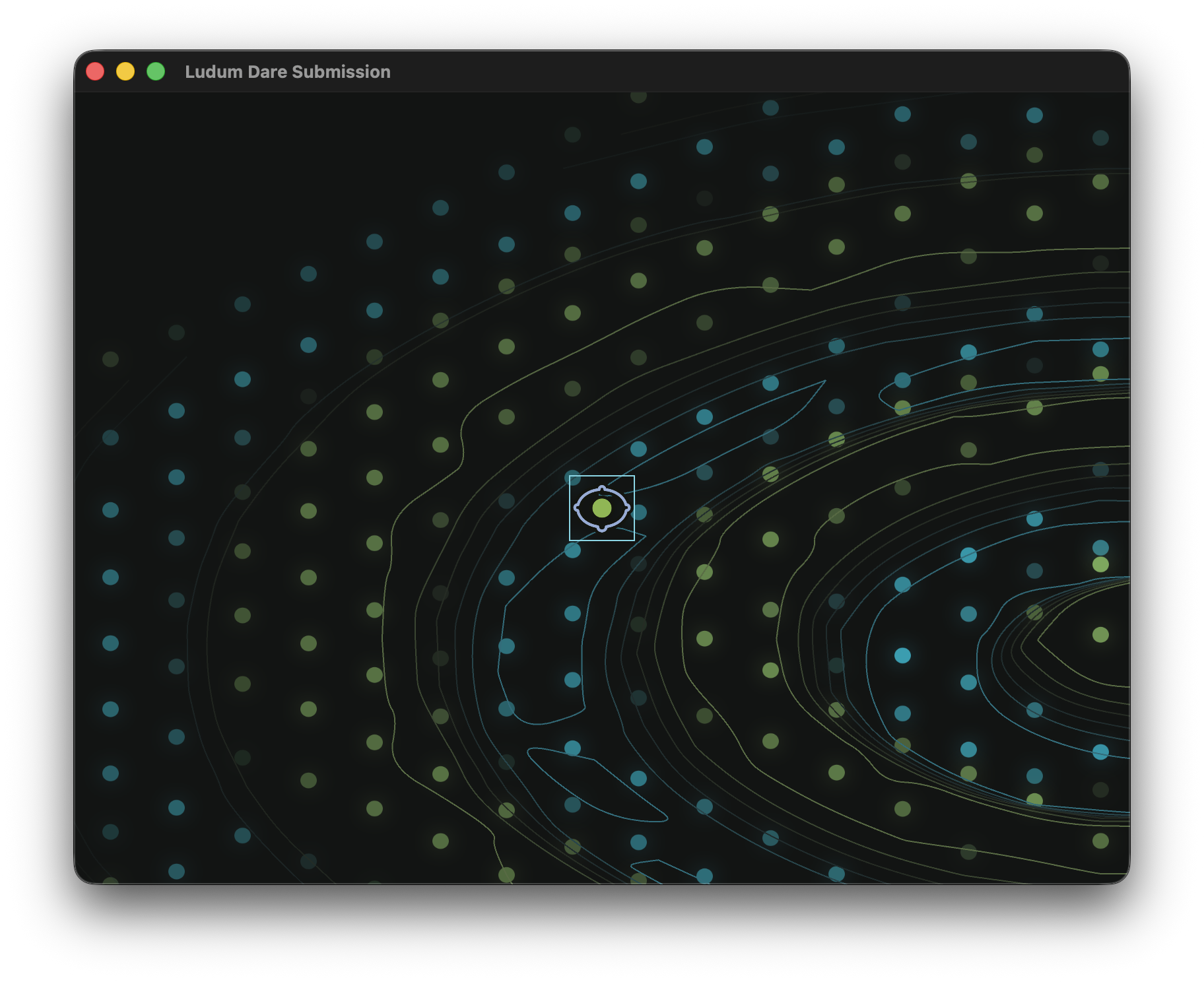 Close-up of an isometric grid of dots overlaid with contour lines showing a player sprite. The sprite is enclosed in a colored bounding box, indicating the sprite's current height.